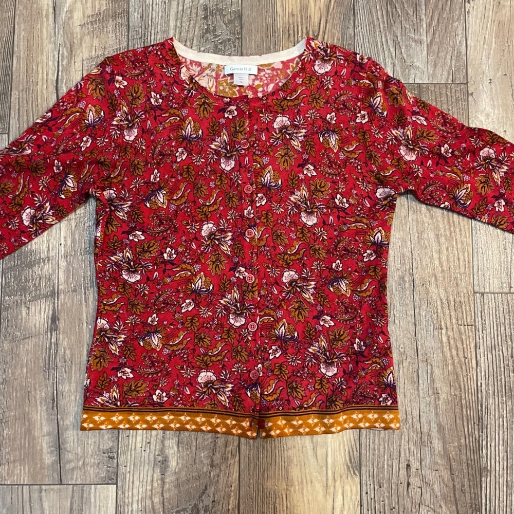 Garnet Hill Red Floral Print Merino Wool Cardigan Sweater‎ XS